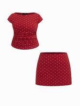 Cotton-blend Boat Neck Polka Dot Ruched Tee & Mini Skirt Curve & Plus