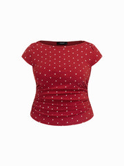 Cotton-blend Boat Neck Polka Dot Ruched Tee & Mini Skirt Curve & Plus
