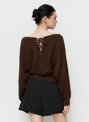 Knit Boat Neck Long Sleeve Cinched Waist Oversized Top