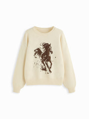 Oversized Horse Graphic Knit Long Sleeve Top