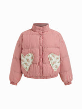 Stand Collar Gingham Lace Trim Heart Pocket Oversized Puffer Curve & Plus