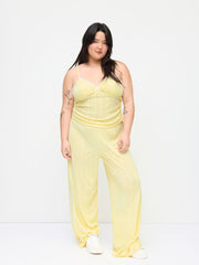 V-neck Pointelle Bowknot Cami Top & Mid Rise Lace Trim Wide Leg Trousers Loungewear Set Curve & Plus