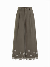 100% Cotton Mid Rise Floral Embroidery Wide Leg Trousers
