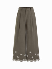 100% Cotton Mid Rise Floral Embroidery Wide Leg Trousers