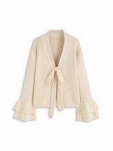 Wool-blend V-neck Ruffle Sleeve Bowknot Oversized Cardigan