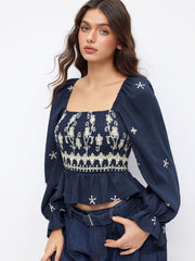 Floral Embroidery Square Neck Lantern Sleeve Shirred Ruffled Blouse