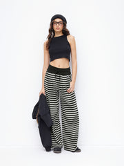 Cotton-blend Low Rise Striped Drawstring Wide Leg Trousers