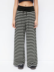 Cotton-blend Low Rise Striped Drawstring Wide Leg Trousers