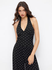 Cotton-blend V-neck Polka Dot Backless Straight Leg Jumpsuit