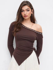 Jersey Asymmetrical Neck Pearl Tie Side Ruched Top