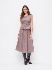 100% Cotton Boat Neck Plaid Shirred Ruffled Bowknot Midi Dress