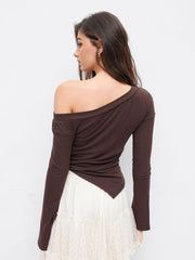 Jersey Asymmetrical Neck Pearl Tie Side Ruched Top
