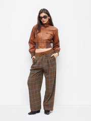 Wool-look Mid Rise Plaid Drawstring Wide Leg Trousers