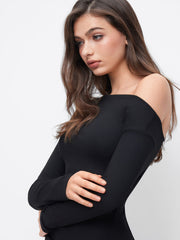 Asymmetrical Neck Ruched Long Sleeve Maxi Dress