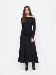 Asymmetrical Neck Ruched Long Sleeve Maxi Dress