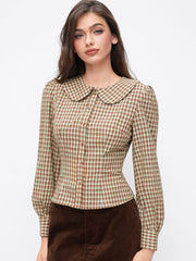 100% Cotton Peter Pan Collar Plaid Puff Sleeve Shirt