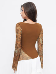 Mesh Aztec Boat Neck Asymmetrical Lettuce Hem Top