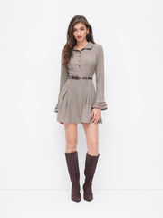 Collar Ruffle Sleeve Houndstooth A-line Mini Dress