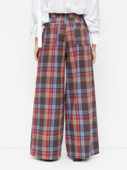 Cotton-blend Mid Rise Plaid Wide Leg Trousers
