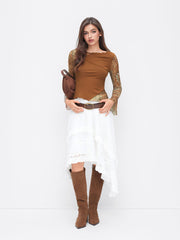 Mesh Aztec Boat Neck Asymmetrical Lettuce Hem Top