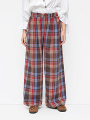 Cotton-blend Mid Rise Plaid Wide Leg Trousers