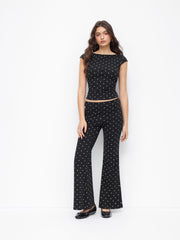 Cotton-blend Boat Neck Polka Dot Top & Mid Rise Flared Trousers Set