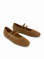 FAUX SUEDE SQUARE TOE BUCKLE MARY JANE FLATS