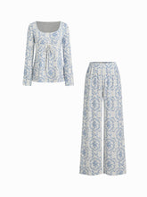 U-neckline Floral Lace Bowknot Top & Mid Rise Elastic Waist Wide Leg Trousers Loungewear Set