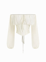 Jacquard Off-shoulder Long Sleeve Knotted Lace Up Corset Blouse