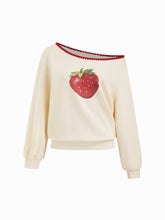Cotton-blend Strawberry Graphic Asymmetrical Neck Contrasting Binding Oversized Sweatshirt