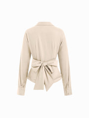 Collar Wrap Ruched Bowknot Long Sleeve Blouse