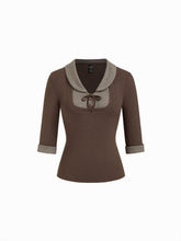 Jacquard Houndstooth Collar Short Sleeve Bowknot Two Tone Top