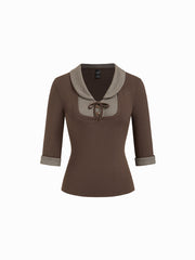 Jacquard Houndstooth Collar Short Sleeve Bowknot Two Tone Top