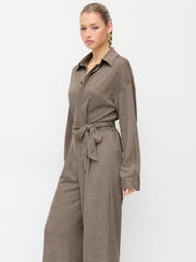 Houndstooth Collared Belted Wide Leg Jumpsuit