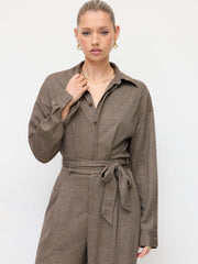 Houndstooth Collared Belted Wide Leg Jumpsuit