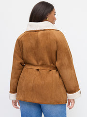 Faux Shearling Collar Oversized Jacket With Belt Curve & Plus