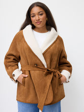 Faux Shearling Collar Oversized Jacket With Belt Curve & Plus