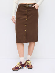 Corduroy Cotton-blend Mid Rise Pencil Midi Skirt With Belt