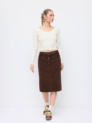 Corduroy Cotton-blend Mid Rise Pencil Midi Skirt With Belt