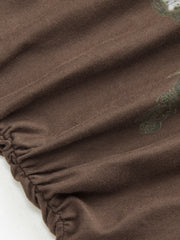Cotton-blend V-neck Graphic Ruched Long Sleeve Tee