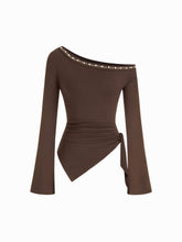 Jersey Asymmetrical Neck Pearl Tie Side Ruched Top