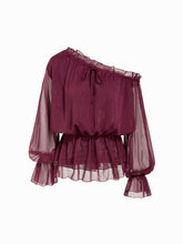 Sheer Asymmetrical Neck Ruffled Puff Sleeve Blouse