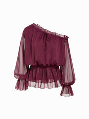 Sheer Asymmetrical Neck Ruffled Puff Sleeve Blouse