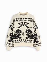 Knit Round Neck Cat & Bowknot Graphic Fair Isle Sweater
