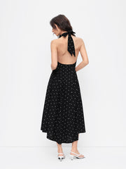 Polka Dot Halter Neckline Knotted Flared Midi Dress