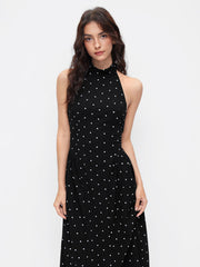 Polka Dot Halter Neckline Knotted Flared Midi Dress