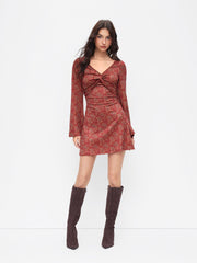 Floral V-neck Bell Sleeve Twist Mini Dress