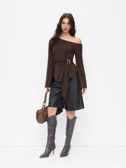 Asymmetrical Neck Metal Detail Draped Long Bell Sleeve Tee