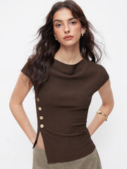 Cowl Neck Asymmetrical Hem Metal Button Split Short Sleeve Top