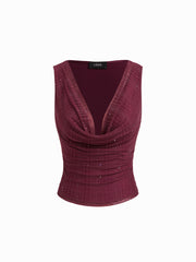 Cowl Neck Ruched Tank Top With Rhinestone